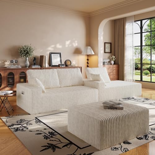 108" U-Shape Modular Sectional Cloud Cream Couch with Ottoman, Deep Seat Couch with Oversized Chaise Lounge, Comfy Flannel Fabric Sofa for Living Room Bedroom Apartment