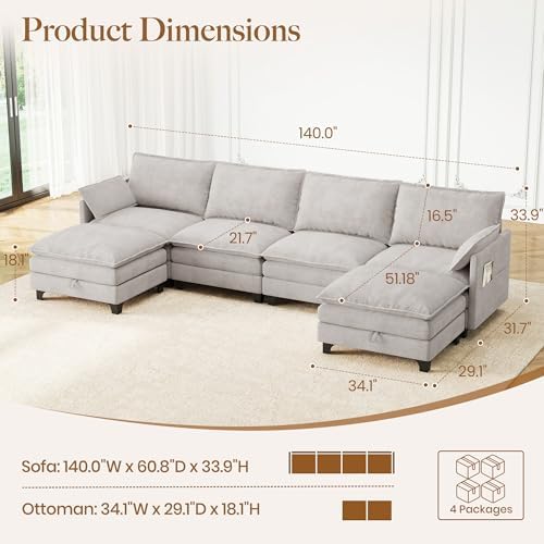 140" U-Shaped Modern Modular Sectional Couch, Chenille Cloud Couches with Storage Ottoman, Deep Seat Sofa with Side Pocket for Living Room, Bedroom and Apartment, Light Grey