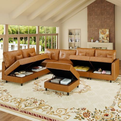 LLappuil 7-Seater L-Shaped Sectional Modular Sofa with Storage, Deep Seat Faux Leather Couches for Living Room, Waterproof & Scratch Resistant, Cognac Tan