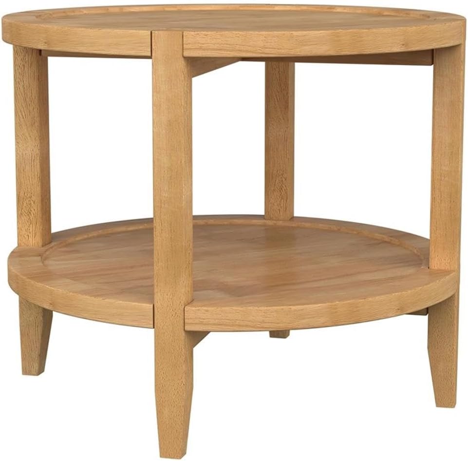 Pemberly Row Round Solid Wood End Table, 23.5 in Wide, Maple Brown Finish, Asian Hardwood Construction, Lower Shelf, Modern Farmhouse Style for Living Room or Bedroom Decor