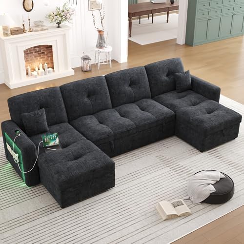 107'' LED U-Shaped Sectional Couch for Living Room, Sleeper Sofa Bed, Black | Comfy Chenille Cloud Couch, Pull Out Bed, Storage Chaise, 5-level Adjustable Backrest, USB Charging, 2 Pillow,1100LB Capacity