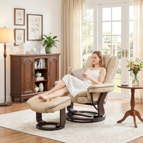 Swivel Recliner Chair with Ottoman Reclining Lounge Sofa Footrest, Set of 1 | 360°Sturdy Wood Base, Soft Faux Leather, Upholstered Ultra-Plush Foam, Modern Armchair, Living Room Bedroom Office Reading