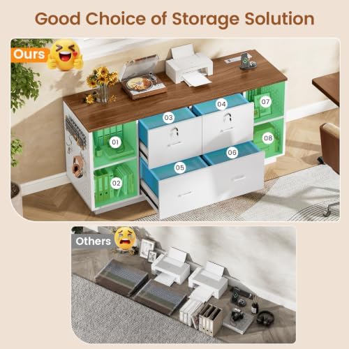 SEDETA 55" File Cabinet with Lock, Large 3 Drawers Filing Cabinets for Home Office, Lockable Printer Stand with Storage, Power Strip, LED Light & Pegboard, White + Brown