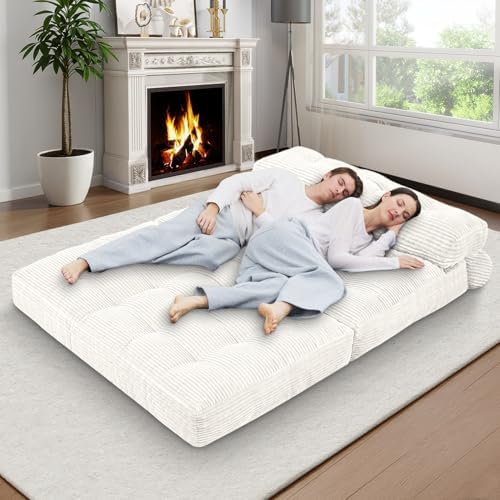 Folding Sofa Bed, Convertible Sleeper Chair with Pillow & Handle, Foldable Mattress Futon Chair Bed Lounge with Back Support, Comfy Floor Sofa for Living Room Bedroom, Beige, Full