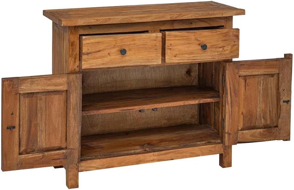 Vintage Solid Mahogany Wood Sideboard with Distressed Finish and Brass Knobs, Brown Medium Console for Dining Room Storage and Display, Sturdy Furniture Piece