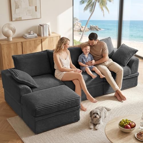Upgraded Couch with Storage, Sectional Couches for Living Room, L-Shaped Modular Cloud Corduroy Sofa with Ottoman & Pillows, Oversized Deep Seat Memory Foam Couch, No Assembly(Gray, 107" L)