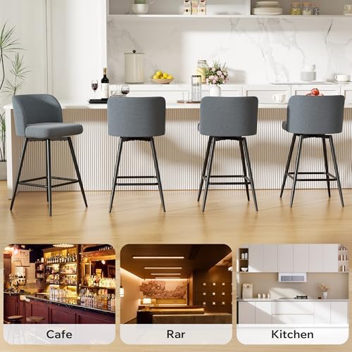Swivel Bar Stools Set of 2, 26" Counter Height Bar Stools with High Back and Metal Legs, Fabric Bar Chairs, Modern Barstools for Kitchen Island, Light Grey