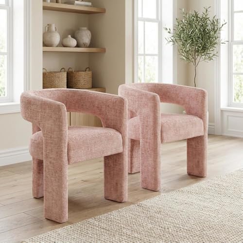 Jofran Gwen Jacquard Upholstered Accent Chair, Modern Luxury Plush Sculptural Armchair for Dining Room or Living Room, Chairs Living Room, Pink, Set of 4