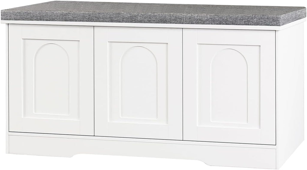 DINZI LVJ Shoe Bench, Entryway Storage Bench with Doors, Cushion, 3-Tier Shoe Rack with 9-Cubby, 39.4" L x 13.8" W Shoe Organizer Cabinet, Fully Adjustable Shelves, Living Room, Bedroom, White