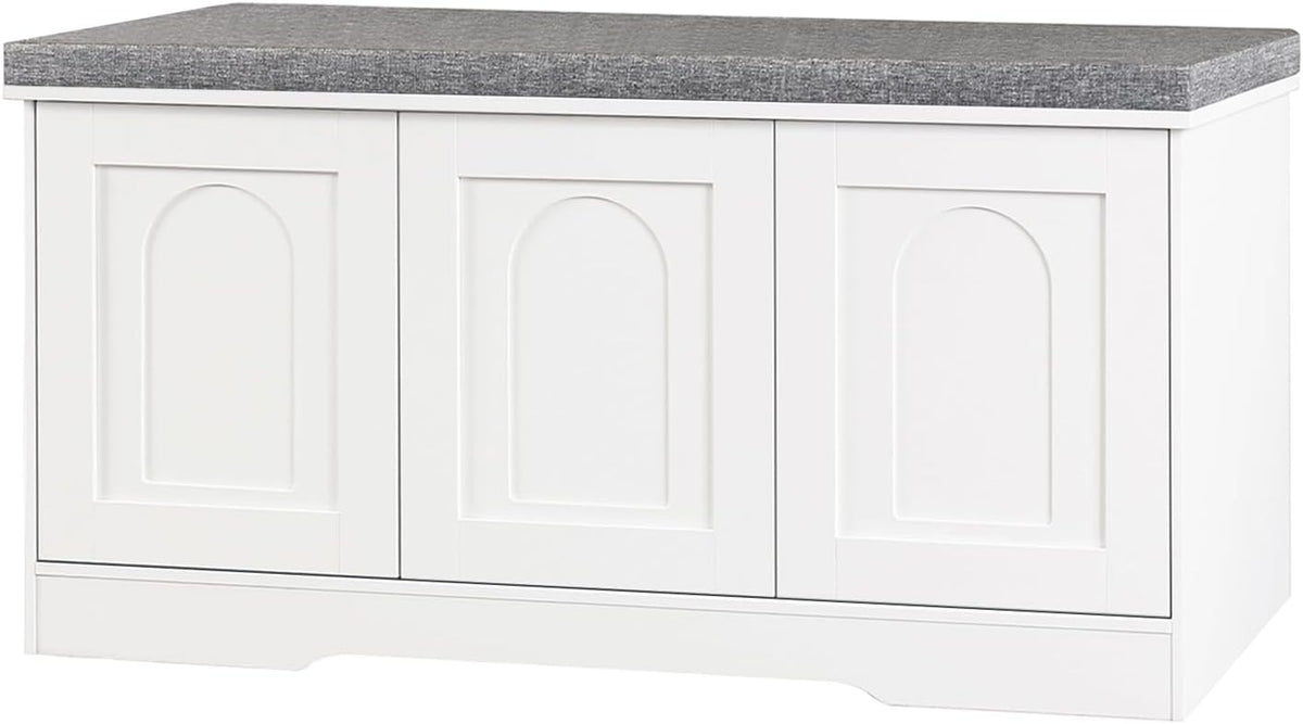 DINZI LVJ Shoe Bench, Entryway Storage Bench with Doors, Cushion, 3-Tier Shoe Rack with 9-Cubby, 39.4" L x 13.8" W Shoe Organizer Cabinet, Fully Adjustable Shelves, Living Room, Bedroom, White