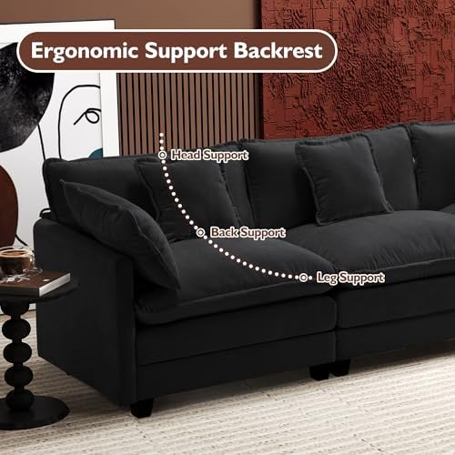 Ihanherry 111.4" L Shaped Modern Sofa Modular Sectional Cloud Couch with Ottoman, 4-Seat Chenille Deep Seat Sofa with Pillow for Living Room, Bedroom and Apartment, Black