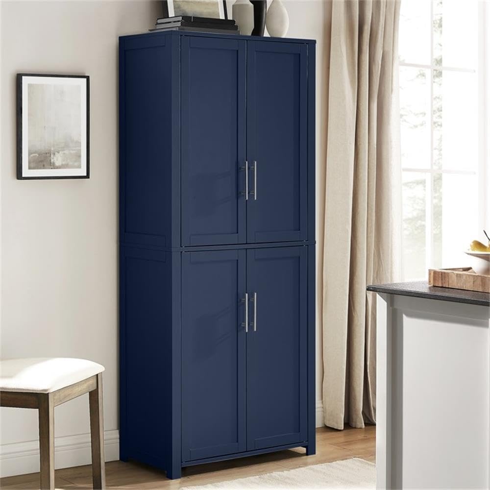 Pemberly Row Traditional Wood Kitchen Storage Pantry, Navy Finish, MDF and Birch Veneer, 67" H x 28" W x 15" D, Adjustable Shelves, Shaker-Style Doors, Brushed Nickel Hardware, Home and Kitchen