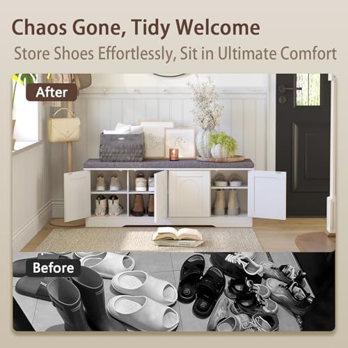 DINZI LVJ Shoe Storage Bench with Cushion, Door, White 47.2" LX17.7 H | Entryway Bench, 2-Tier Cabinet Bench, Widened Cubby, Fully Adjustable Shelves for Boots, Easy Assembly, Farmhouse, Bedroom