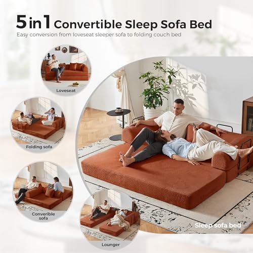 79" Convertible Sofa Bed, Couches for Living Room | Orange | Corduroy Futon Sofa Bed with Pocket Springs, Modular Sleeper Couch in a Box, No Assembly