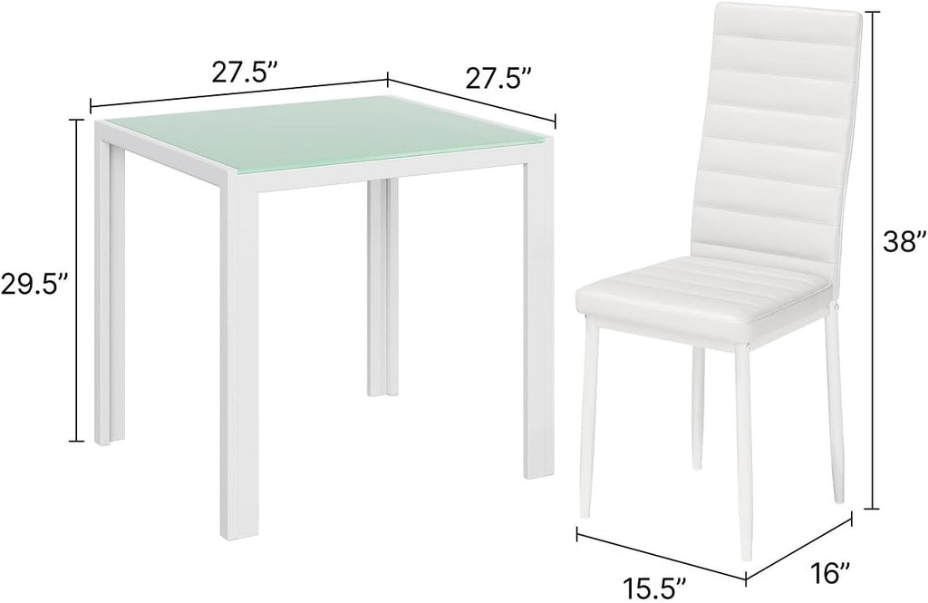 Gizoon 3 Piece Glass Dining Table Set, Kitchen Table and Chairs Set for 2 | PU Leather Modern Room Sets,Small Dining Table Sets,Space Saving Table and Chairs Set for Home, Kitchen,Living Room, White