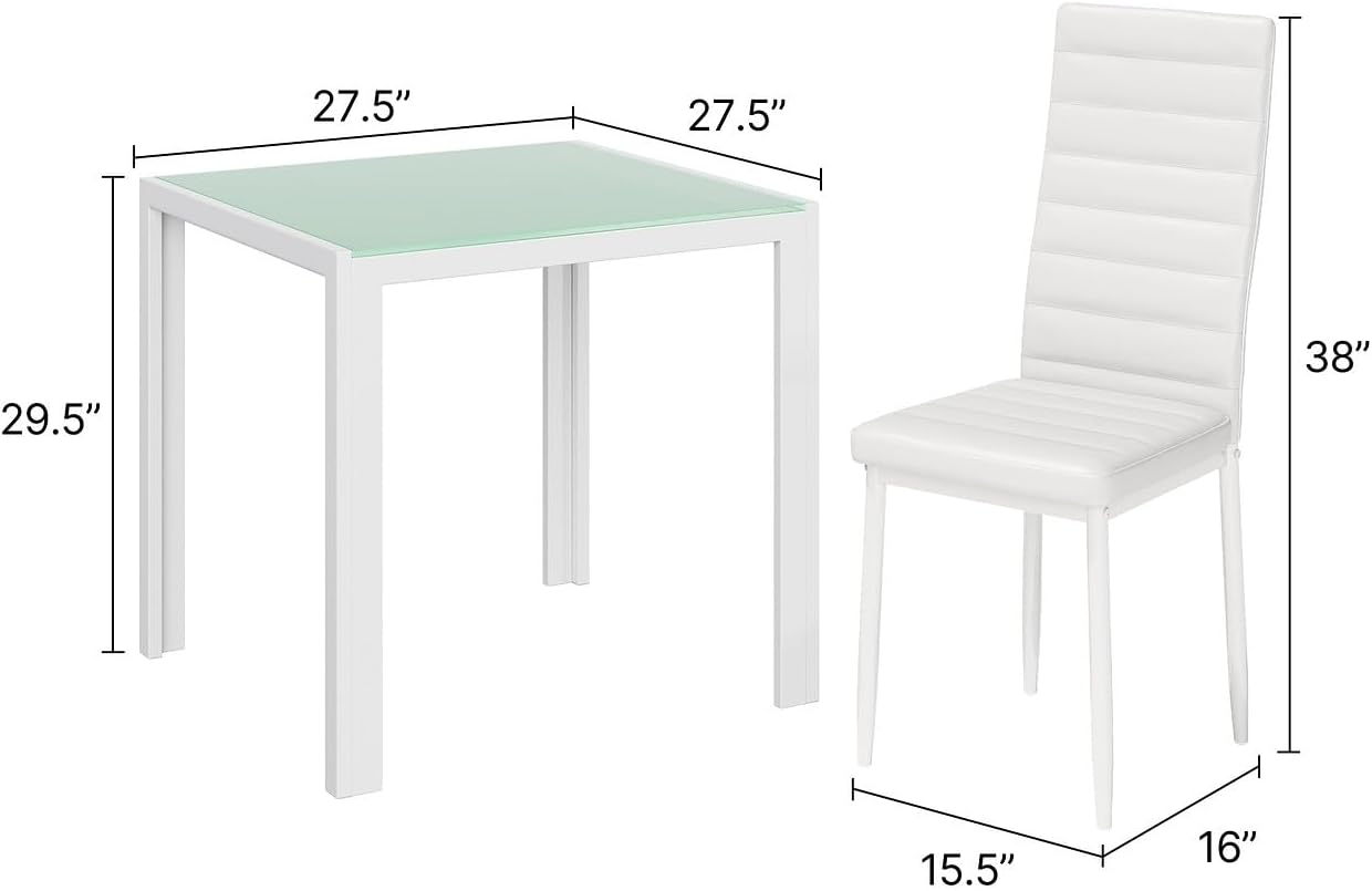 Gizoon 3 Piece Glass Dining Table Set, Kitchen Table and Chairs Set for 2 | PU Leather Modern Room Sets,Small Dining Table Sets,Space Saving Table and Chairs Set for Home, Kitchen,Living Room, White
