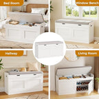 2-Tier Storage Bench, 39.4" Wide Shoe Bench with Lift-Up Top, Shoe Storage Bench with Cushion, Shoe Cabinet with Handleless Doors and Adjustable Shelf for Entryway, Bedroom, White KHD02W