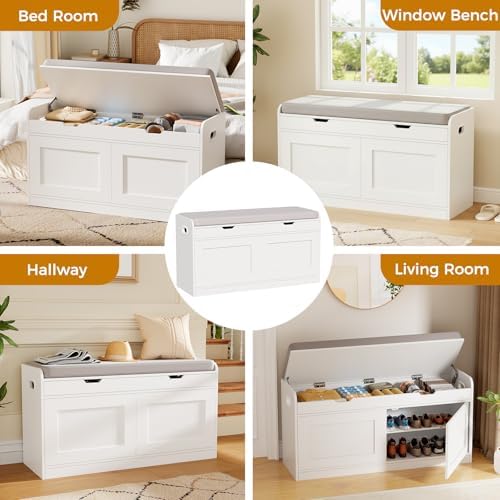 2-Tier Storage Bench, 39.4" Wide Shoe Bench with Lift-Up Top, Shoe Storage Bench with Cushion, Shoe Cabinet with Handleless Doors and Adjustable Shelf for Entryway, Bedroom, White KHD02W