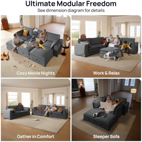 162" Washable Oversized Modular Sectional Sofa Couches for Living Room,Grey | Waterproof Performance Fabric, Cloud Couch Sectional with Fully Removable Cover, 4-Seater with 2 Storage Ottoman, U-Shaped