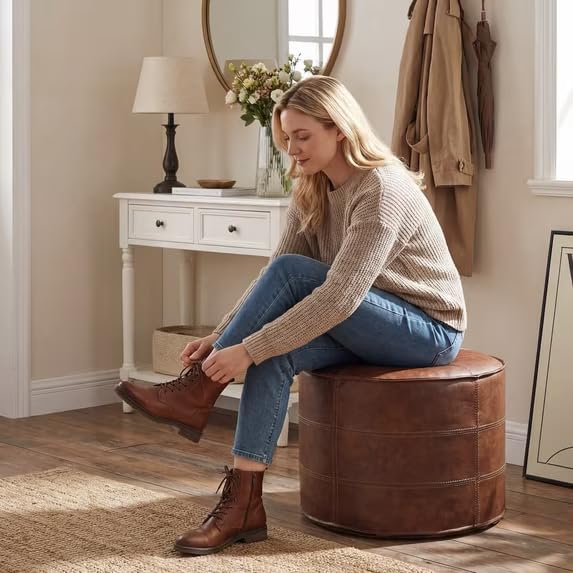 Leather Ottoman,Handmade Stuffed Square Ottoman,Genuine Leather Pouf, Foot Rest Pouf,Comfortable Soft Seating for Living Room & Bedroom (Brown, Round)