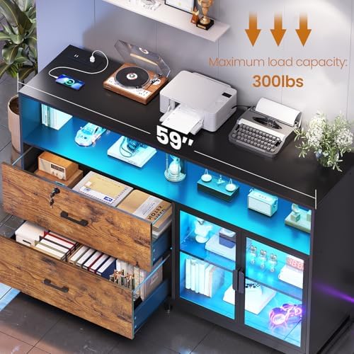SEDETA 59" Filing Cabinet with Lock Drawers fits Legal Size for Home Office | Rustic Brown Lateral 2 Drawers File Cabinet with Acrylic Display Cabinet, Power Strip, Printer Stand with Storage Shelves
