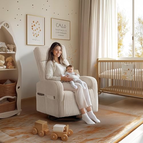 Yaheetech 360° Swivel Nursing Chair with Side Pockets, Beige