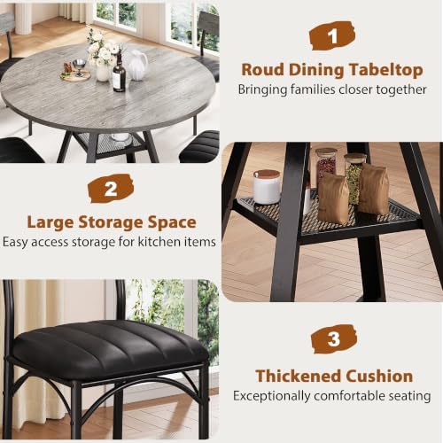 Dining Table Set for 4,Kitchen Table and Chairs for 4, Round Dining Room Table with Upholstered Chairs, 5 Piece Space Saving Circle Wood Kitchen & Dining Room Dinner Dinette Table Set (Gray, 42In)