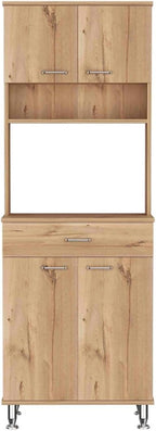 60" Freestanding Kitchen Panty Solid Wood Food Pantries with Storage Shelf & Open Countertop, Tall Buffet Cabinet Kitchenware Server with Microwave Stand & Silver Metal Handles (Beige)