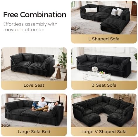 KKL Sectional Modular Couch for Living Room, L Shaped Corduroy Couches with 1 Ottomans, 4 Seater Oversized Sofa, Soft Fabric Modern Sofa, Black