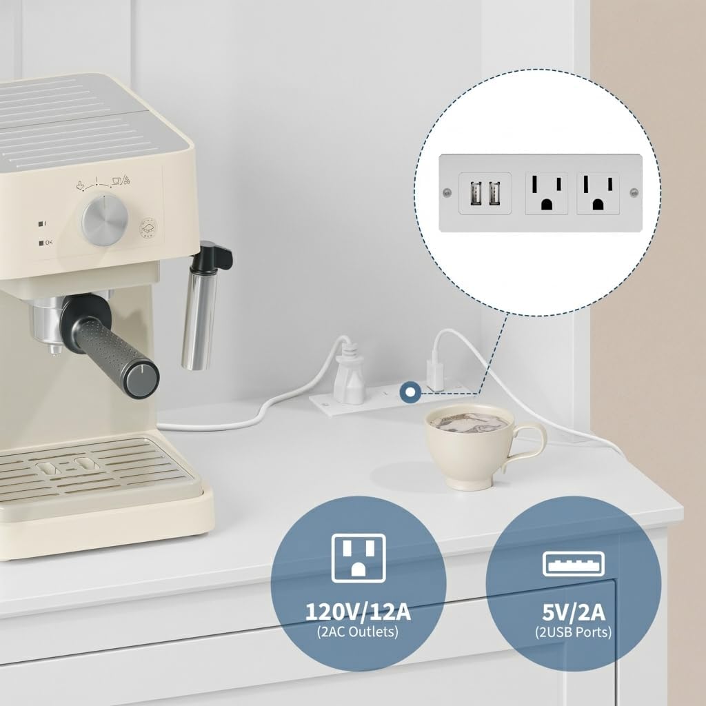Garvee Pantry Cabinet with 4 Hooks, Kitchen Pantry Cabinet, Coffee Bar Table with Drawer & Adjustable Shelves, White