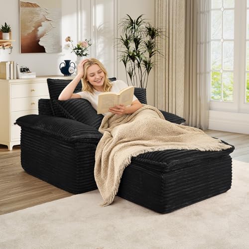 Oversized Chaise Lounge Chair Indoor with Ottoman, Upholstered Corduroy Modern Sofa Chair, Deep Seat Comfy Reading Armchair, Sleeper Sectional Couch for Living Room/Bedroom(47.6"W, Black)