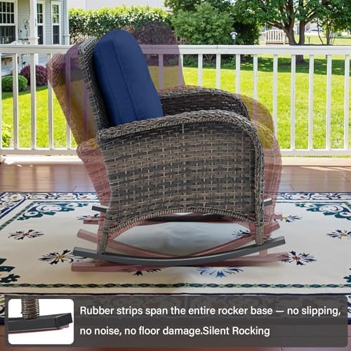 Belord Patio Rocking Chair Wicker Chair, 1 Piece Outdoor Rocking Chair Seating with Cushions for Porch Deck Balcony, Brown/Blue
