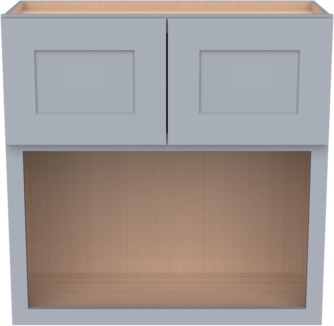 Solid Wood Shaker Wall Cabinet for Microwave – Space-Saving RTA with Open Shelves, Perfect Kitchen Pantry Storage & Durable Wall-Mounted Organizer (SK-Grey, 30" W x 24" D x 36" H)