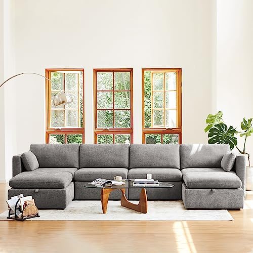 CHITA Oversized Modular Sectional Fabric Sofa Set, Extra Large U Shaped Couch with Reversible Chaise, 146 inch Width, 6 Seat Modular Sofa with Storage Ottamans, Grey | Oversized Modular Sectional Sofa Set, FSC Certified, U Shaped Couch, with Reversible