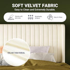 Allewie Queen Size Velvet Bed Frame/Vertical Channel Tufted Wingback Headboard/Upholstered Platform Bed/Strong Wooden Slats/No Box Spring Needed/Easy Assembly/Cream White