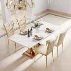 Modern Dining Chairs Set of 4, Beige Velvet Woven Kitchen Chair with Golden Metal Legs, Upholstered Cushion & High Back Design, Mid-Century Dining Chairs for Kitchen, Living Room