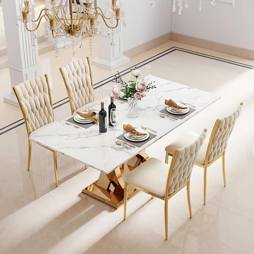 Modern Dining Chairs Set of 4, Beige Velvet Woven Kitchen Chair with Golden Metal Legs, Upholstered Cushion & High Back Design, Mid-Century Dining Chairs for Kitchen, Living Room