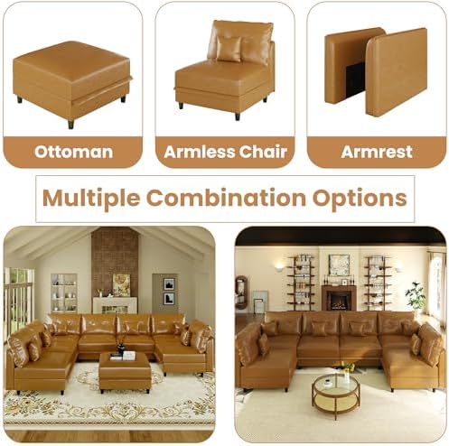 LLappuil 7-Seater L-Shaped Sectional Modular Sofa with Storage, Deep Seat Faux Leather Couches for Living Room, Waterproof & Scratch Resistant, Cognac Tan