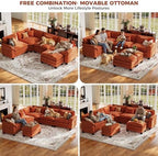 CDCASA 117" Oversized Modular Sectional Sofa with Corner, Comfy V-Shaped Cloud Couch w/ 2 Ottomans, 7-Seater Chenille Deep Seat Modern Sofa Couch for Living Room, DIY Combination, Terracotta Orange