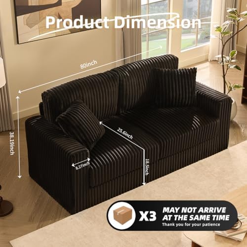 GOSUHI 80" Cloud Couch Loveseat, Deep Seats, Pocket Spring, Corduroy, Black | High Backrest, Pocket Spring Cushions, Oversized 2-Seater, Comfy Upholstered Couches for Living Room