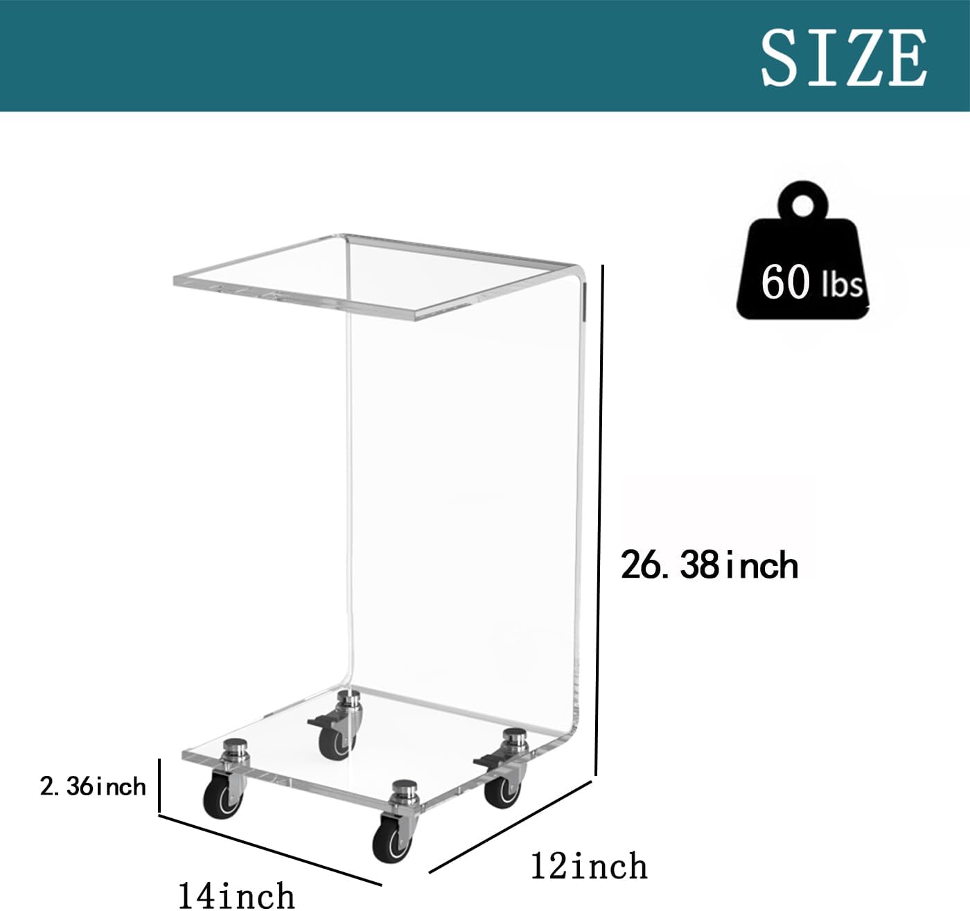 Acrylic Clear Movable End Table -26" h C-Shaped Modern Rolling Bedside/Sofa Side Table, Ideal for Bedroom and Living Room as a Snack Table