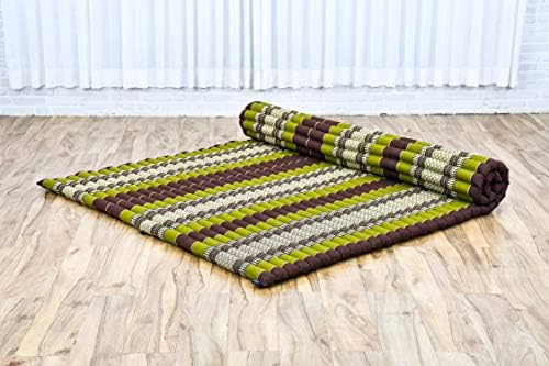 Leewadee - Foldable Floor Mattress - Japanese Roll Up Futon -Trifold Tatami Mat- Guest Floor Bed - Camping Mattress - Thai Massage Mat, Kapok Filled, 75 x 57 inches, Brown Green