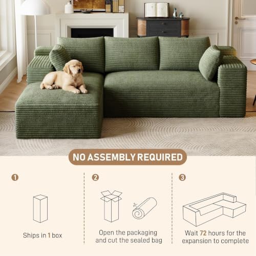 ONEMMLION 96" L-Shaped Cloud Couch Sofa with Chaise, Green | Corduroy Comfy Fluffy Modular Deep Seat Memory Foam Compressed Sectional Sofa for Living Room Oversized Left Facing Chaise
