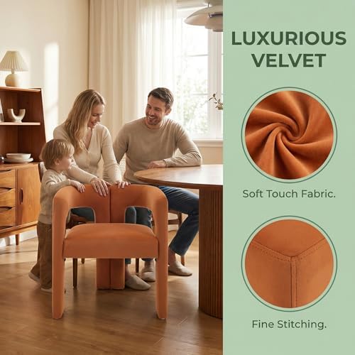 VESCASA Modern Barrel Dining Chairs Set of 4 with Open Back, Orange Velvet | Comfortable Upholstered Dining Room Chairs, Sturdy Solid Wood Legs, Accent Kitchen Armchairs for Living Room, Home, Apartment