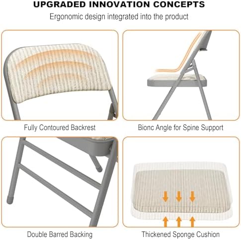 6 Pack Padded Folding Chairs with Fabric Cushion and Back, Oatmeal Stripe | Heavy Duty Foldable Dining Chair Set with Steel Frame Stackable Seat for Party Home Office Event Wedding Indoor Outdoor
