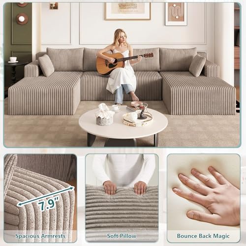 124" U-Shape Cloud Couch, Modern Modular Sectional U-Shape Sofa, Corduroy Couch Upholstered Couches Deep Seat Sleeper Chaise Longue for Living Room, No Assembly Required,Camel