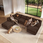 Vesgantti 7 Seater Sectional Couch, 141.7" Large Cloud Sofa, Brown | U Shaped Modular Couch with Chaise Ottoman, Deep Seat Sofa for Living Room, Pinstripe Corduroy, Curved Armrest, No Assembly