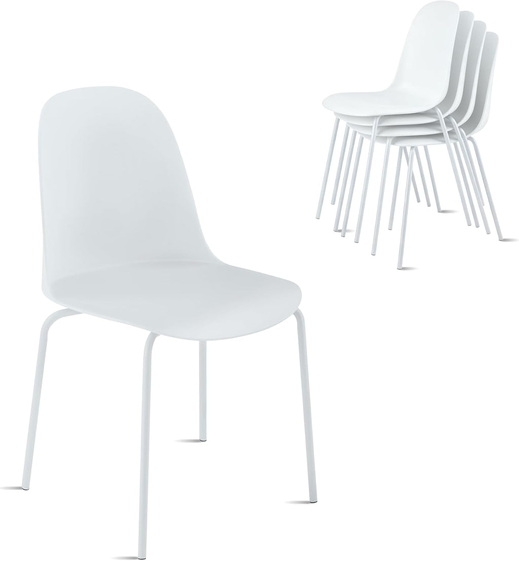KISLOT Dining Chairs Set of 4, Plastic Outdoor Dining Room Chairs with Metal Legs, PP Anti-UV Stackable Patio Chairs with Ergonomic Back for Kitchen Swimming Pool, Easy Assembly, White