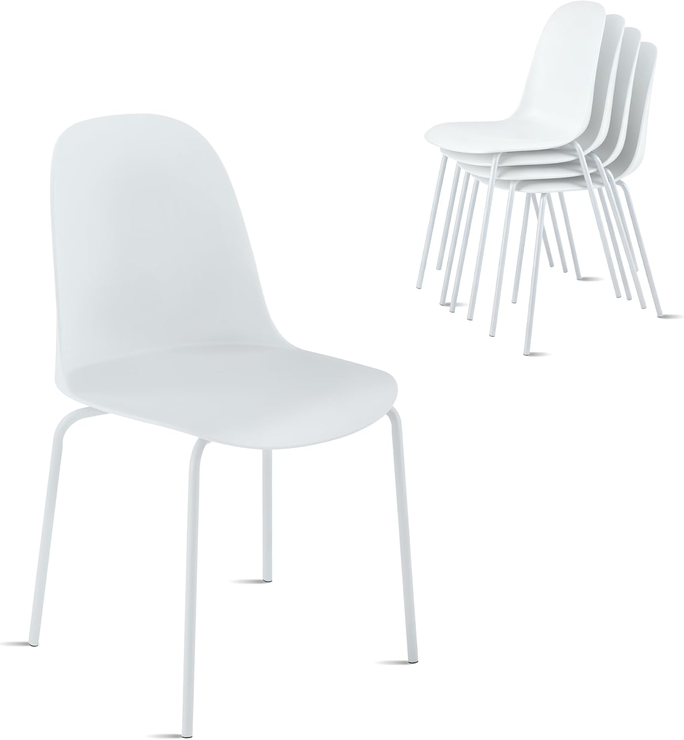 KISLOT Dining Chairs Set of 4, Plastic Outdoor Dining Room Chairs with Metal Legs, PP Anti-UV Stackable Patio Chairs with Ergonomic Back for Kitchen Swimming Pool, Easy Assembly, White