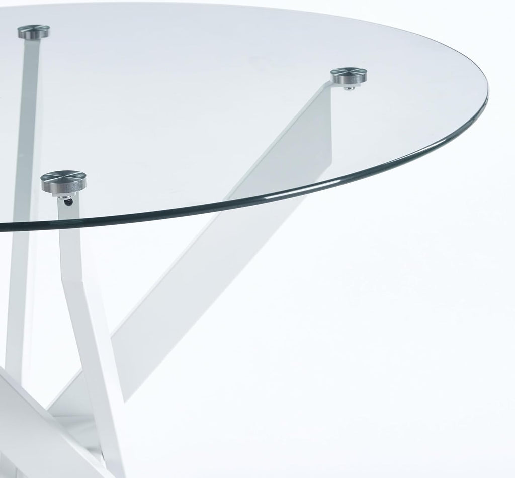 Modern Round Dining Table for 4, 36" Circle Glass Kitchen Dining Room Table with White Metal Cross Legs, Tempered Glass Tabletop, Perfect for Dinner Kitchen Living Dining Room